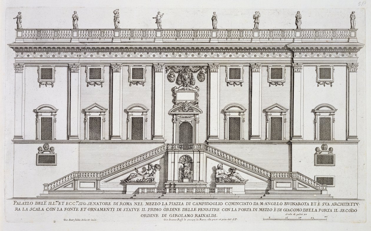 Vista de la fachada del Palazzo Senatorio en Piazza del Campidoglio, Roma, comenzado por Miguel Ángel Buonarroti y completado por Girolamo Rainaldi de Giovanni Battista Falda
