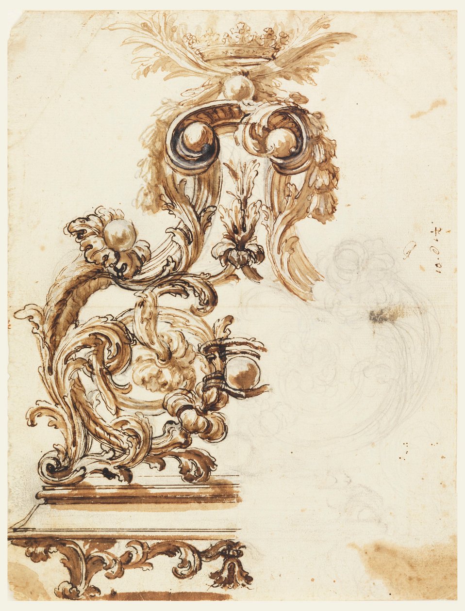 Dibujo, Diseño para un adorno de bronce dorado, 1680-1700 de Giovanni Battista Foggini