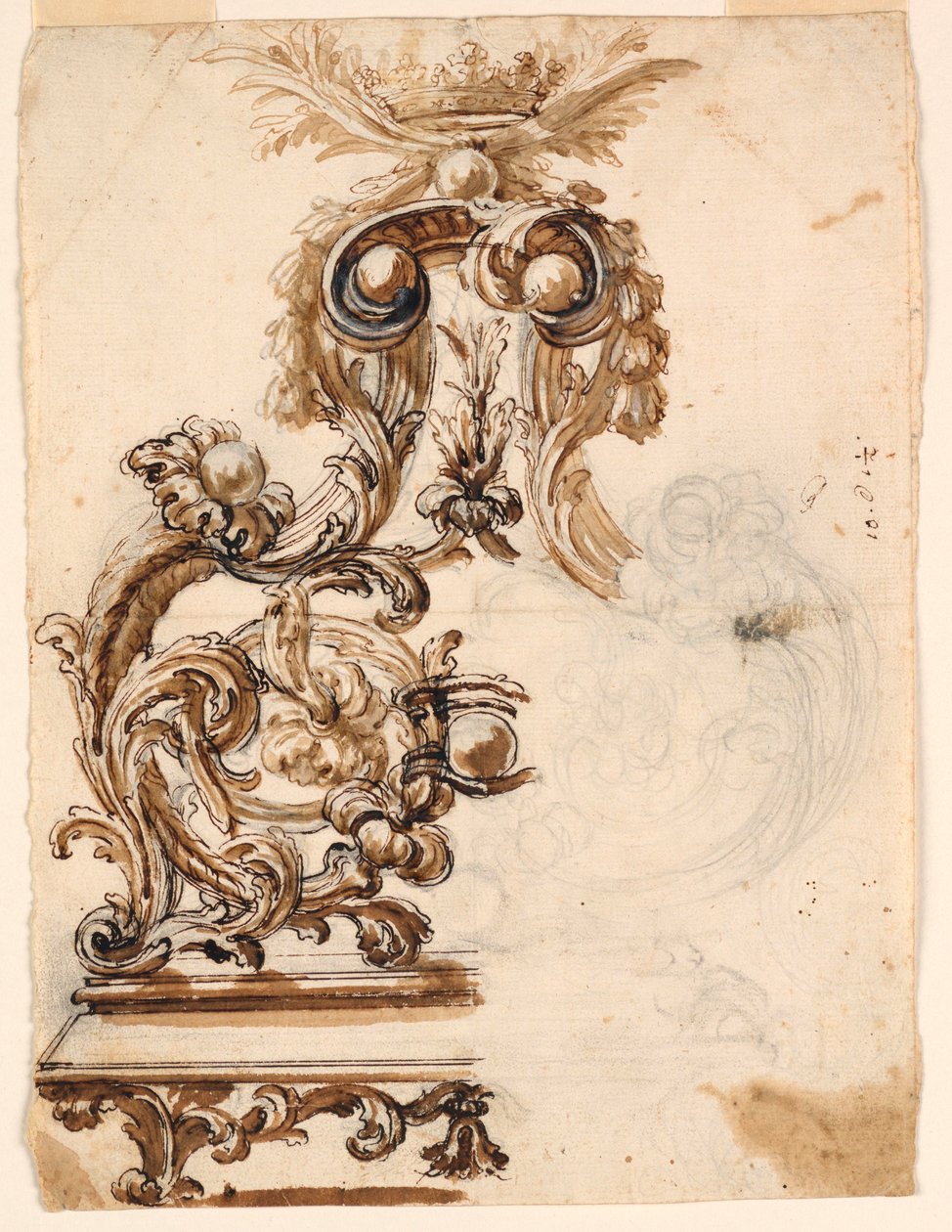 Dibujo, Diseño para un adorno de bronce dorado, 1680-1700 de Giovanni Battista Foggini