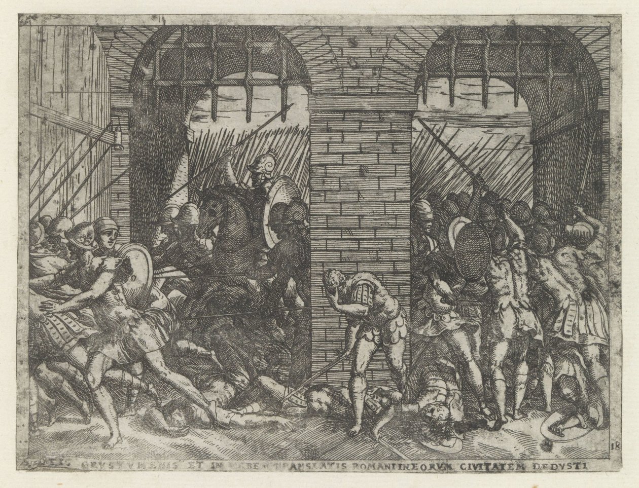 Romeinse soldaten vallen Crustumerium binnen La víctima de Crustumeni (...) privada de su ciudadanía (título sobre objeto) Leven van Romulus en Remus (título de la serie) de Giovanni Battista Fontana