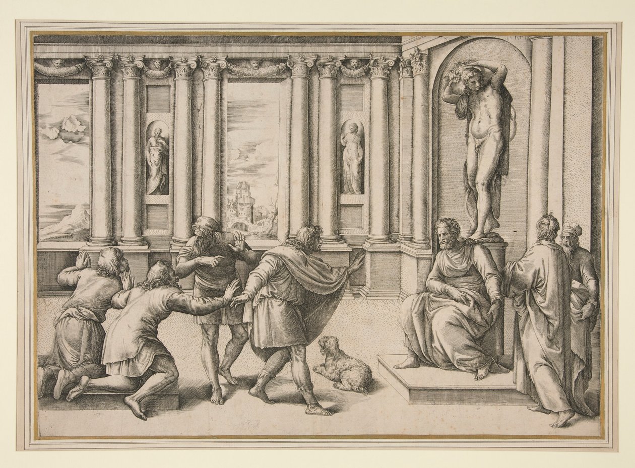 Hombre sentado debajo de una estatua de Baco, recibiendo una audiencia de Giovanni Battista Franco (called Il Semolei)