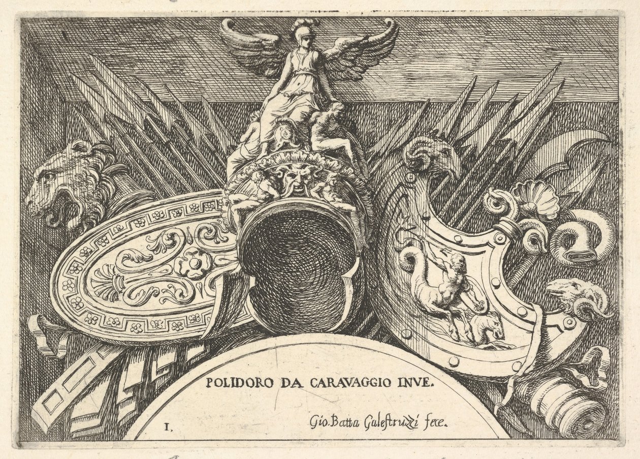 Placa 1: trofeos de armas romanas de decoraciones sobre las ventanas en el segundo piso..., 1656-58 de Giovanni Battista Galestruzzi