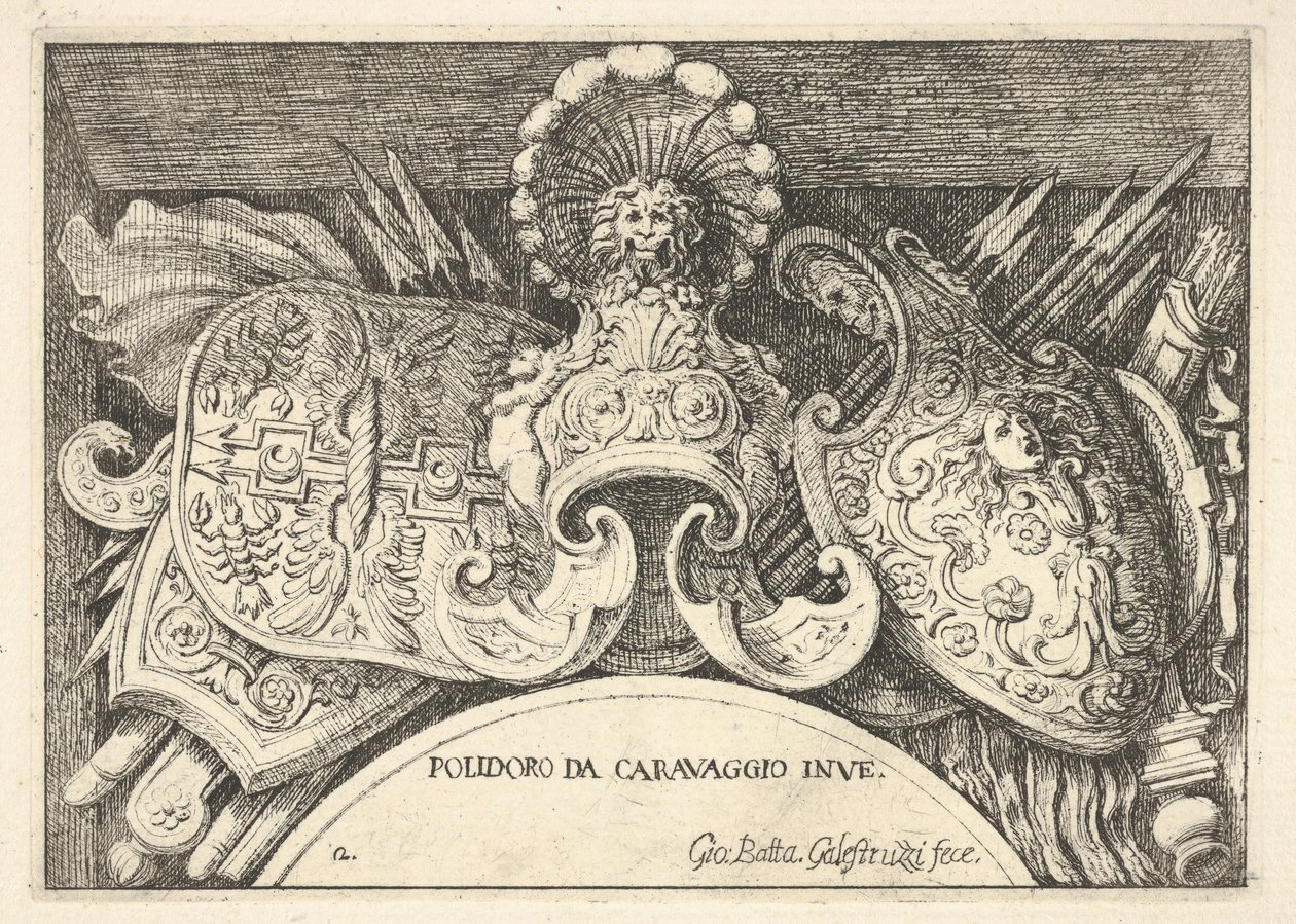Placa 2: trofeos de armas romanas de las decoraciones sobre las ventanas del segundo piso de Giovanni Battista Galestruzzi