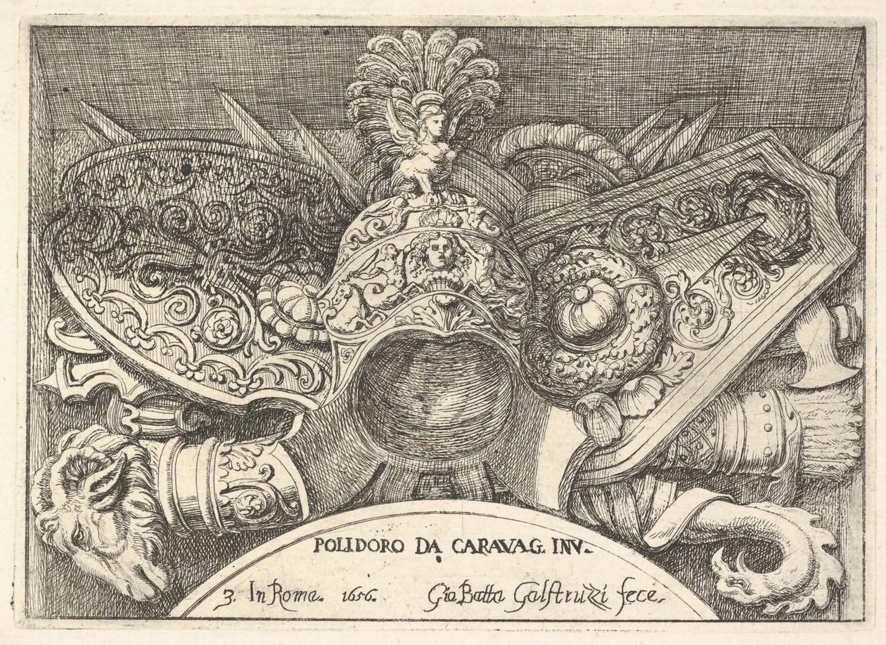 Placa 3: trofeos de armas romanas de decoraciones sobre las ventanas en el segundo piso, 1656 de Giovanni Battista Galestruzzi