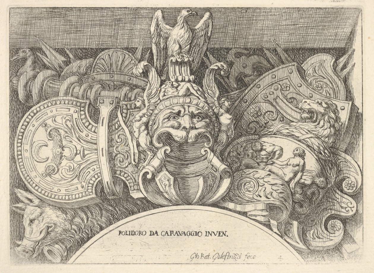 Placa 4: trofeos de armas romanas de decoraciones sobre las ventanas en el segundo piso de Giovanni Battista Galestruzzi