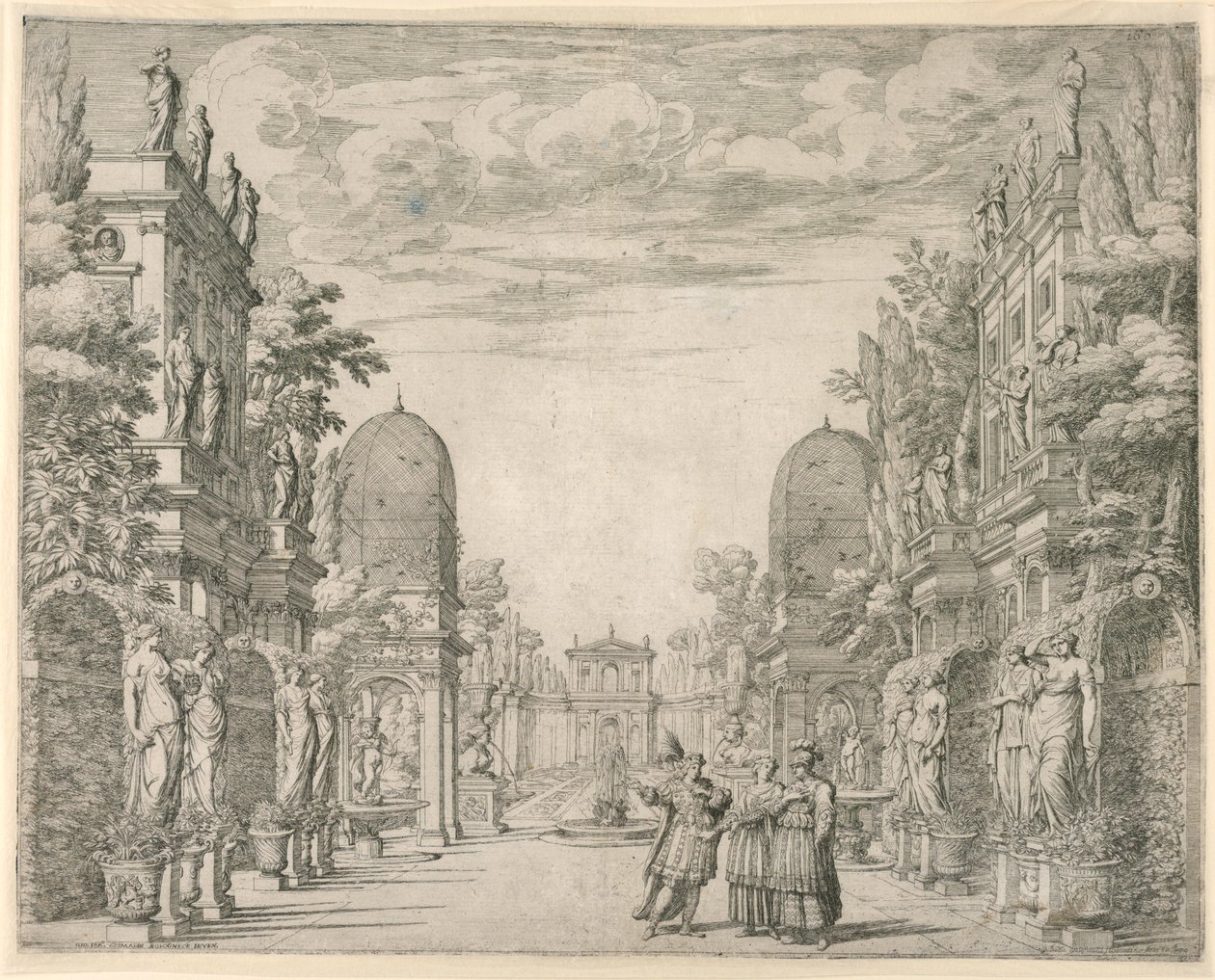 Diseño de escenario para la escena 3, "La Vita Humana overo," de "Il Trionfo della Pieta" de Giovanni Battista Galestruzzi