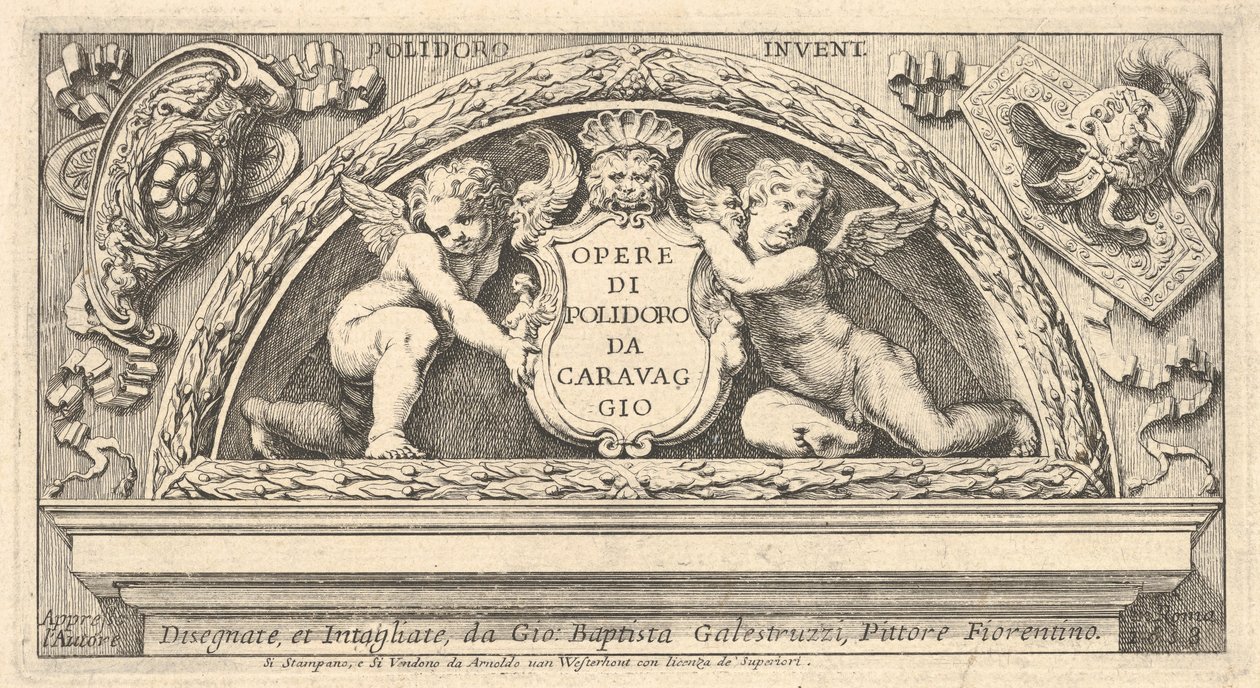 Título de la serie de grabados después de Poloidoro, título en un escudo sostenido por dos putti de Giovanni Battista Galestruzzi