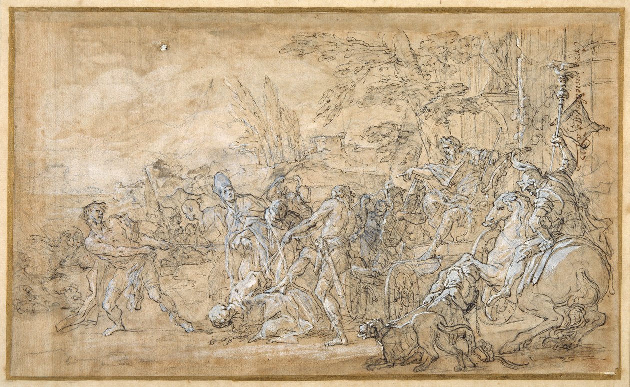 Cautivos, incluyendo un obispo, arrastrados y atados ante el carro triunfal de un general romano de Giovanni Battista Lenardi