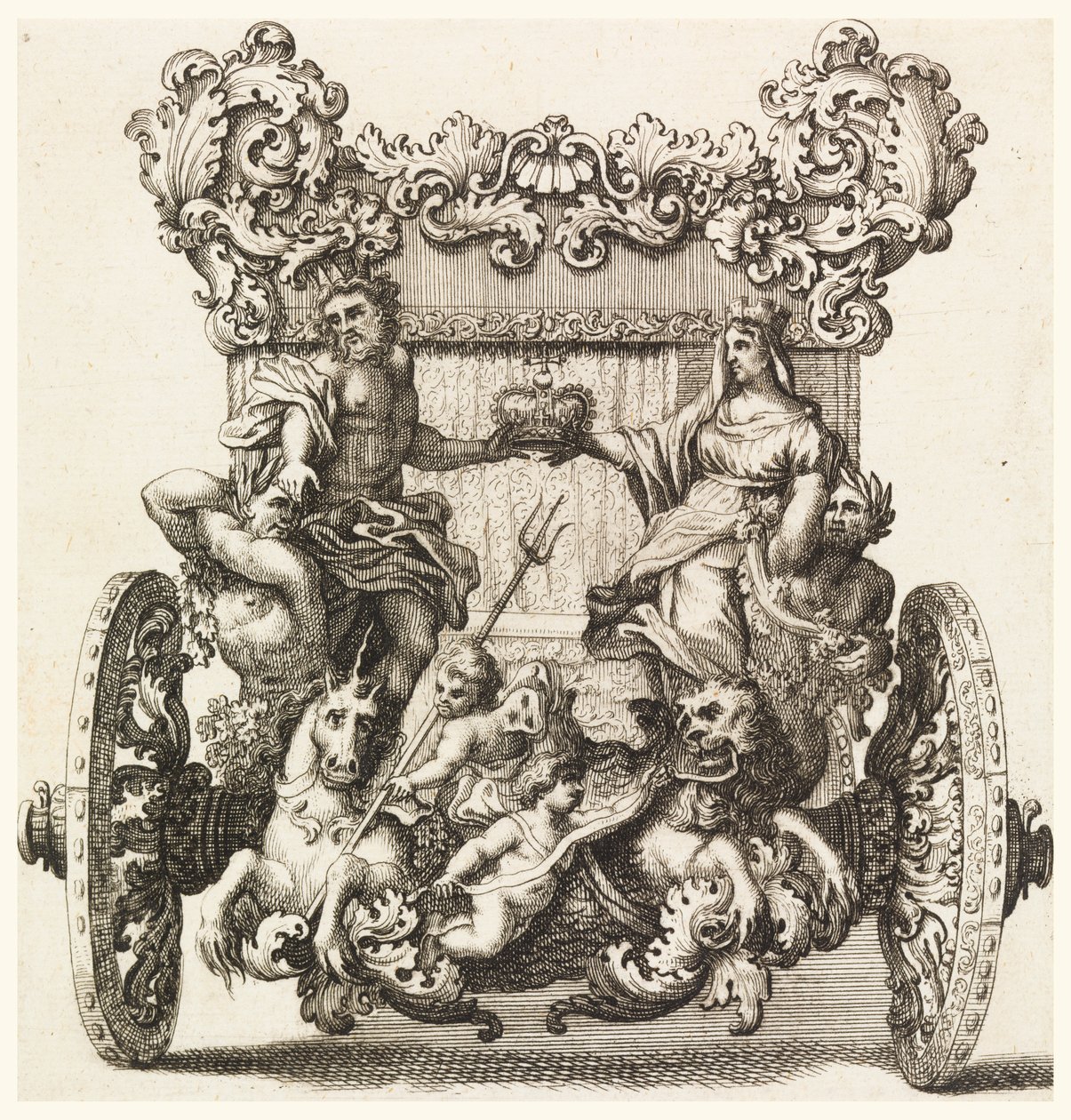 Vista trasera del primer carruaje de Lord Catelmaine construido en 1686 por Andrea Cornely después de Ciro Ferri (1634-1689) de Giovanni Battista Lenardi