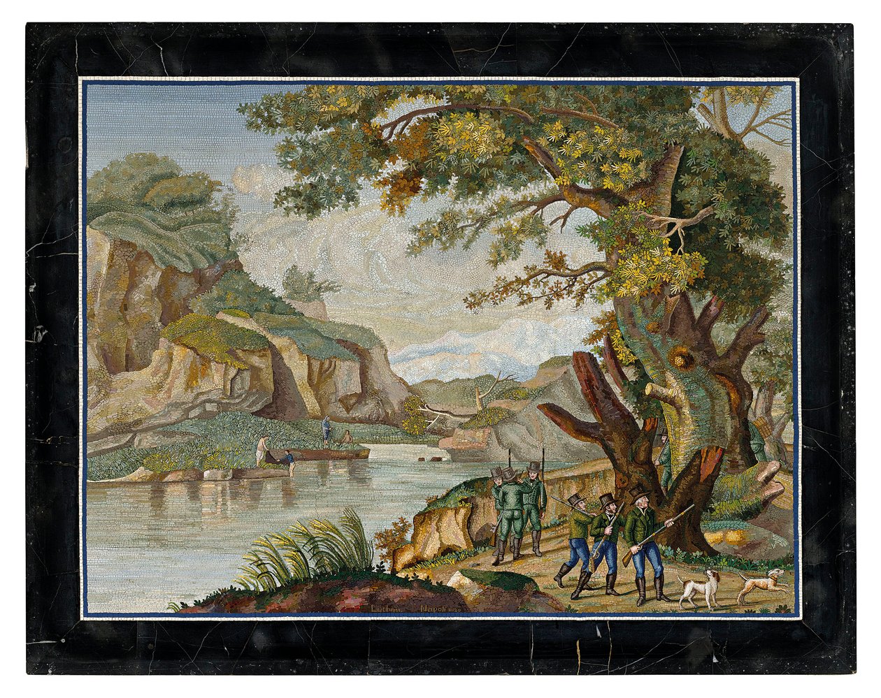 Un cuadro de micromosaico italiano de un grupo de cazadores en un paisaje fluvial de Giovanni Battista Luchini