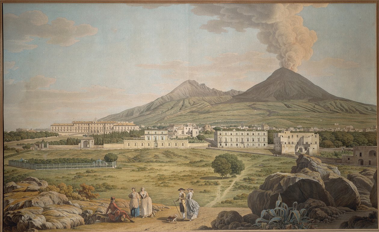 Las laderas del Vesubio desde Portici con vista del Palacio Borbón, de Giovan Battista Lusieri, gouache. de Giovanni Battista Lusieri