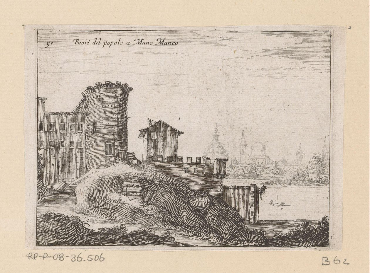 Bouwwerken te Rome, nabij de Porta del Popolo Del pueblo a Mano Manco (título sobre objeto) Gezichten op Rome (título de la serie) Algunas vistas y perspectivas de lugares deshabitados en Roma (título de la serie) de Giovanni Battista Mercati