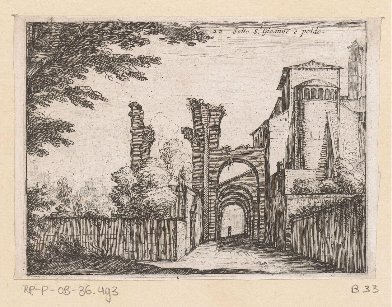 Clivus Scauri en de Santi Giovanni y Paolo Bajo S.t Gioanne y poldo (título sobre objeto) Gezichten op Rome (título de la serie) Algunas vistas y perspectivas de lugares deshabitados en Roma (título de la serie) de Giovanni Battista Mercati