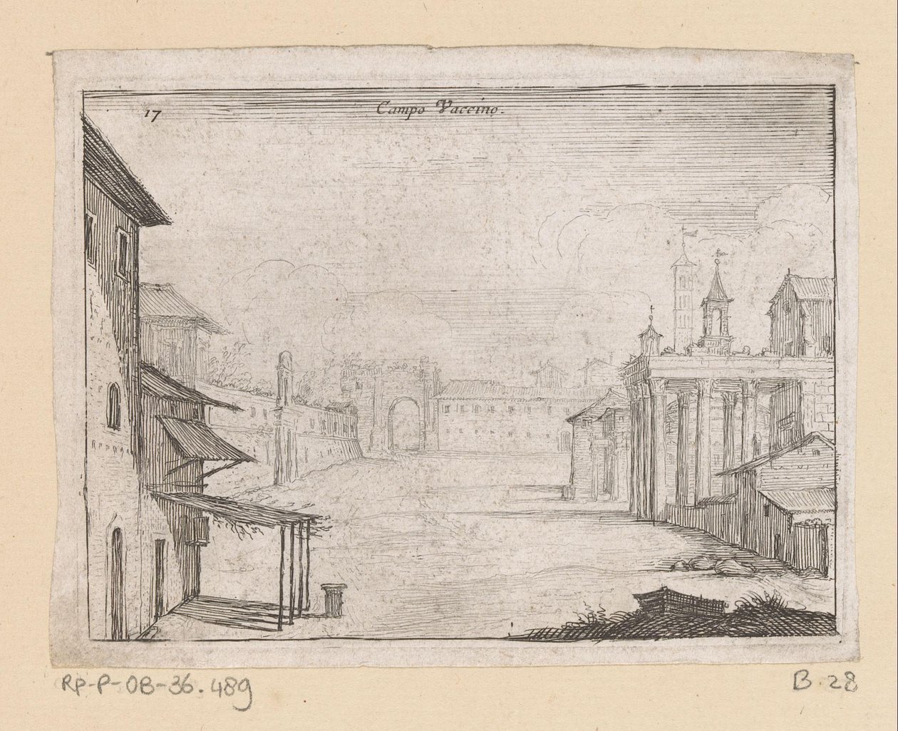 Vista del Foro Romano en Roma Campo Vaccino (título sobre objeto) Vistas de Roma (título de la serie) Alcune vedute et prospettive di luoghi dishabitati di Roma (título de la serie) de Giovanni Battista Mercati