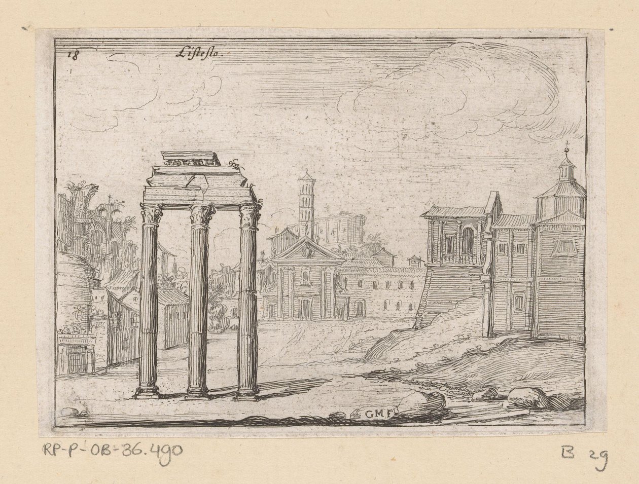 Vista del Foro Romano en Roma Listesso (título sobre objeto) Vistas de Roma (título de la serie) Alcune vedute et prospettive di luoghi dishabitati di Roma (título de la serie) de Giovanni Battista Mercati