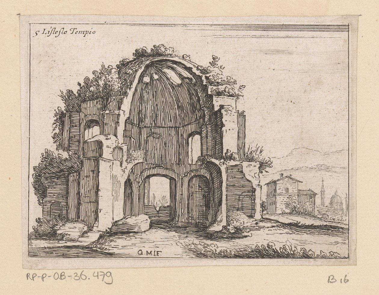 Restos del Templo de Minerva Medica en un paisaje Listesso Tempio (título sobre objeto) Vistas de Roma (título de la serie) Alcune vedute et prospettive di luoghi dishabitati di Roma (título de la serie) de Giovanni Battista Mercati