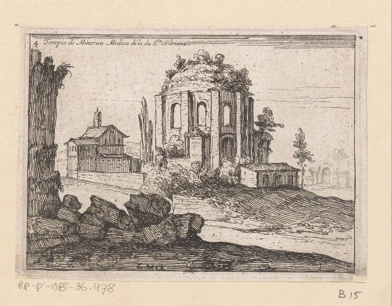 Resten van de Tempel van Minerva Medica en un paisaje Templo de Minerva Medica di la da S.ta Bibiana (título sobre el objeto) Gezichten op Rome (título de la serie) Algunas vistas y perspectivas de lugares deshabitados en Roma (título de la serie) de Giovanni Battista Mercati