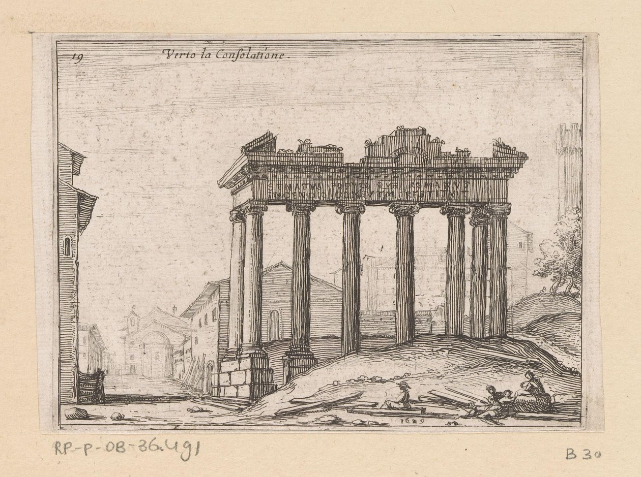 Restos del Templo de Saturno en el Foro Romano en Roma Verto la Consolatione (título sobre objeto) Vistas de Roma (título de la serie) Alcune vedute et prospettive di luoghi dishabitati di Roma (título de la serie) de Giovanni Battista Mercati