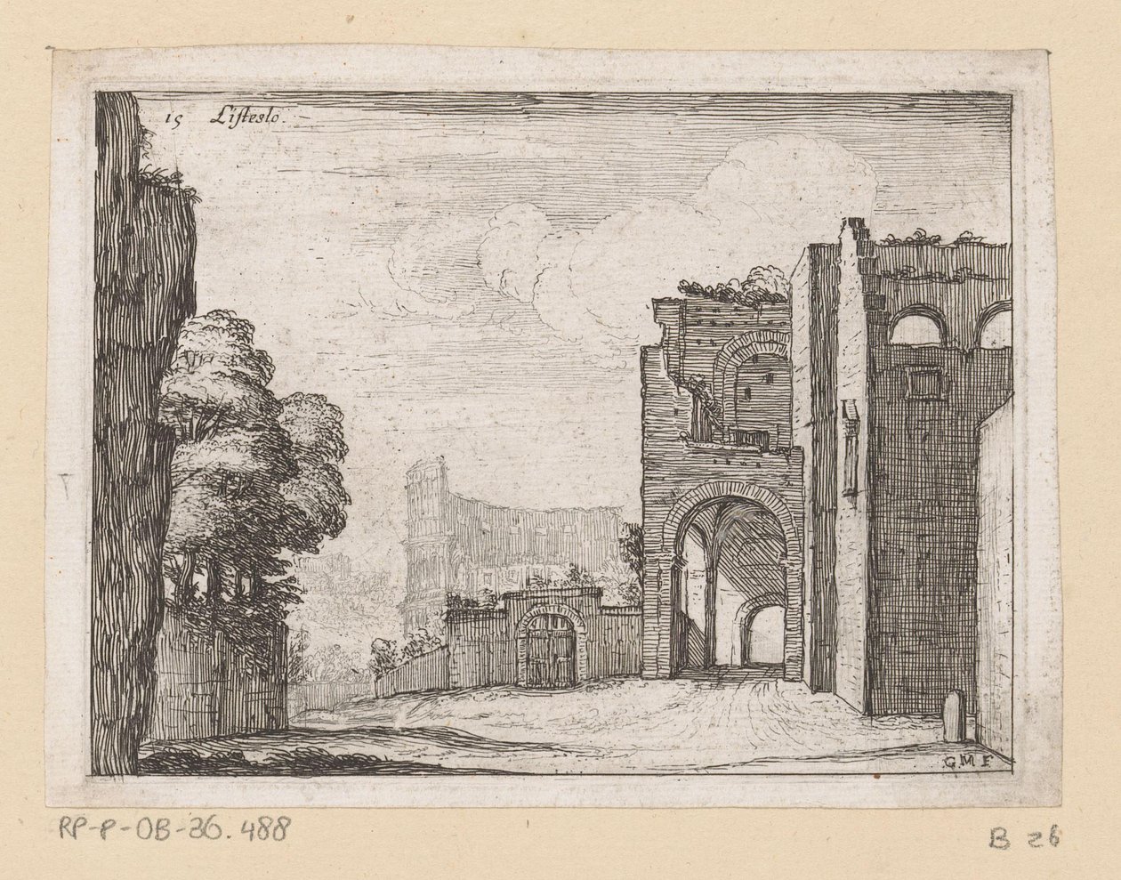 Ruinas en el Coliseo de Roma Listesso (título sobre objeto) Vistas de Roma (título de la serie) Alcune vedute et prospettive di luoghi dishabitati di Roma (título de la serie) de Giovanni Battista Mercati