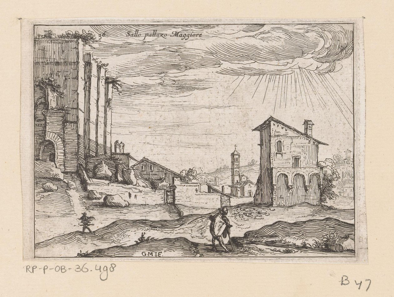 Ruinas del Palazzo Maggiore en Roma y edificios cercanos Sallo pallazo Maggiore (título sobre objeto) Vistas de Roma (título de la serie) Alcune vedute et prospettive di luoghi dishabitati di Roma (título de la serie) de Giovanni Battista Mercati