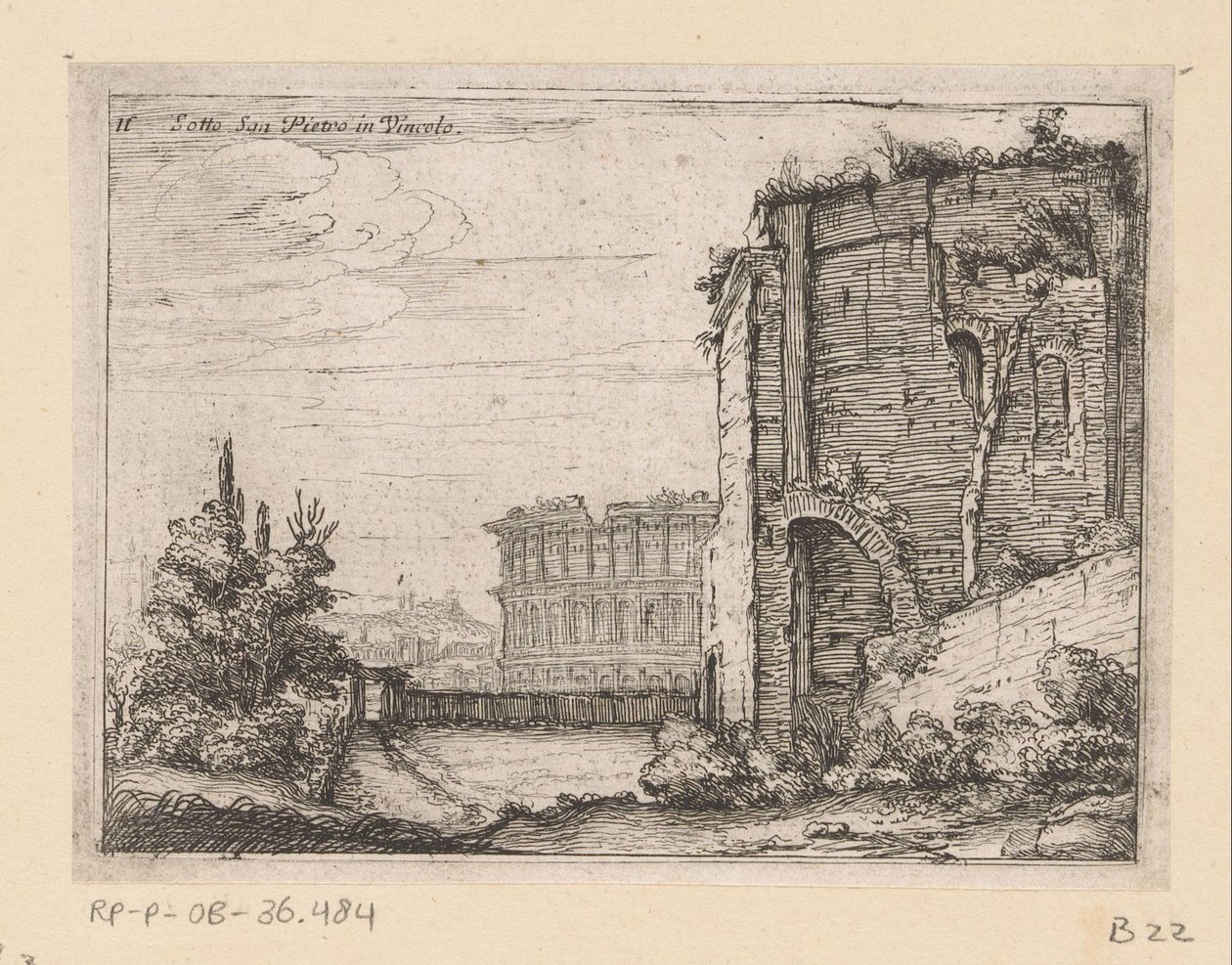 Ruinas del edificio antiguo y del Coliseo en Roma Sotto San Pietro in Vincolo (título sobre objeto) Vistas de Roma (título de la serie) Alcune vedute et prospettive di luoghi dishabitati di Roma (título de la serie) de Giovanni Battista Mercati