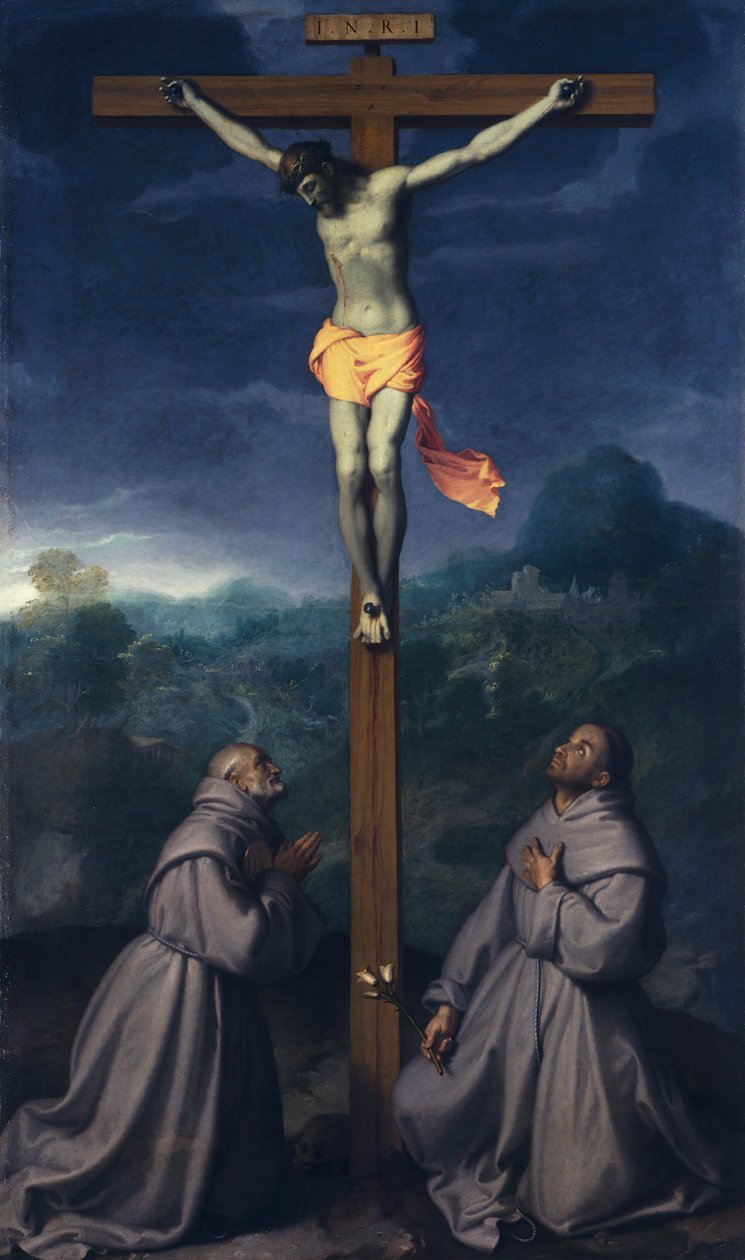 Crucifixión con los santos Bernardino y Antonio de Padua, de Giovanni Battista Moroni (1525 ca- 1578), óleo sobre lienzo, 226x133 cm, Iglesia de San Giuliano, Albino de Giovanni Battista Moroni