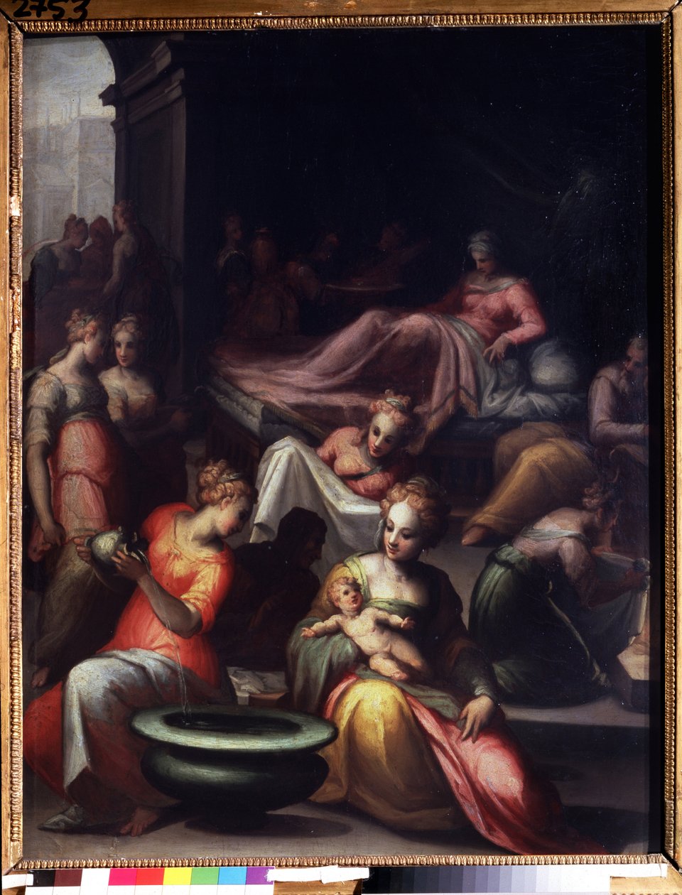 El nacimiento de San Juan Bautista (La Natividad de Juan Bautista). Pintura de Giovanni Battista Naldini (1537-1591). Óleo sobre tela. Sol: 89x74cm. Arte manierismo florentino. Museo Pushkin, Moscú. de Giovanni Battista Naldini