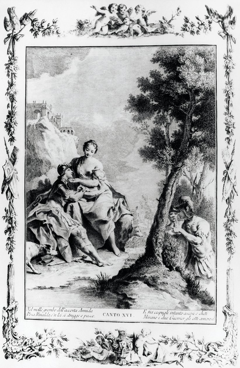 Armida y Rinaldo vistos por los cruzados Carlo y Ubaldo, canto XVI, Jerusalén liberada de Giovanni Battista Piazzetta