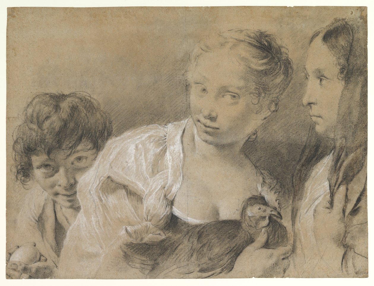 Niño con un huevo, niña con una gallina y una mujer observando de Giovanni Battista Piazzetta