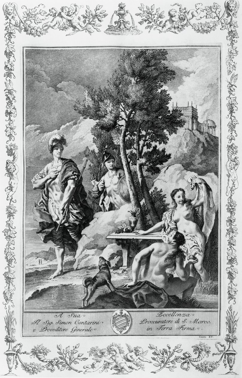 Carlo y Ubaldo en Islas Felices, grabado, por Giovanni Battista Piazzetta (1683-1754) para el Canto XV de Jerusalén Liberada, por Torquato Tasso (1544-1595), edición de Giovanni Battista Albrizzi, Venecia, Italia de Giovanni Battista Piazzetta