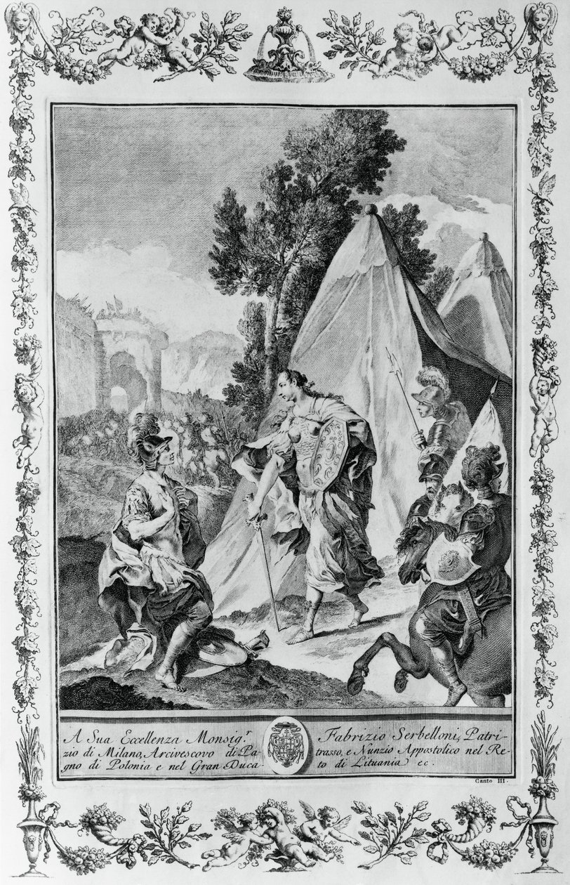 Cruzados en el sitio de Jerusalén, grabado por Giovanni Battista Piazzetta para el Canto III de Jerusalén Liberada, de Torquato Tasso, publicado por Giovanni Battista Albrizzi, Venecia, Italia de Giovanni Battista Piazzetta