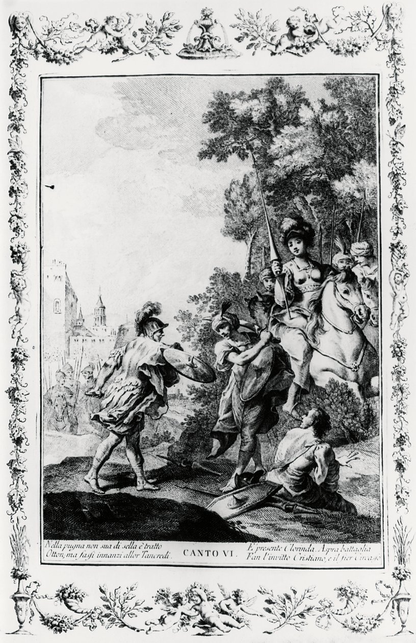 Duelo entre Ottone y Tancredi en presencia de Clorinda, canto VI, Jerusalén liberada de Giovanni Battista Piazzetta
