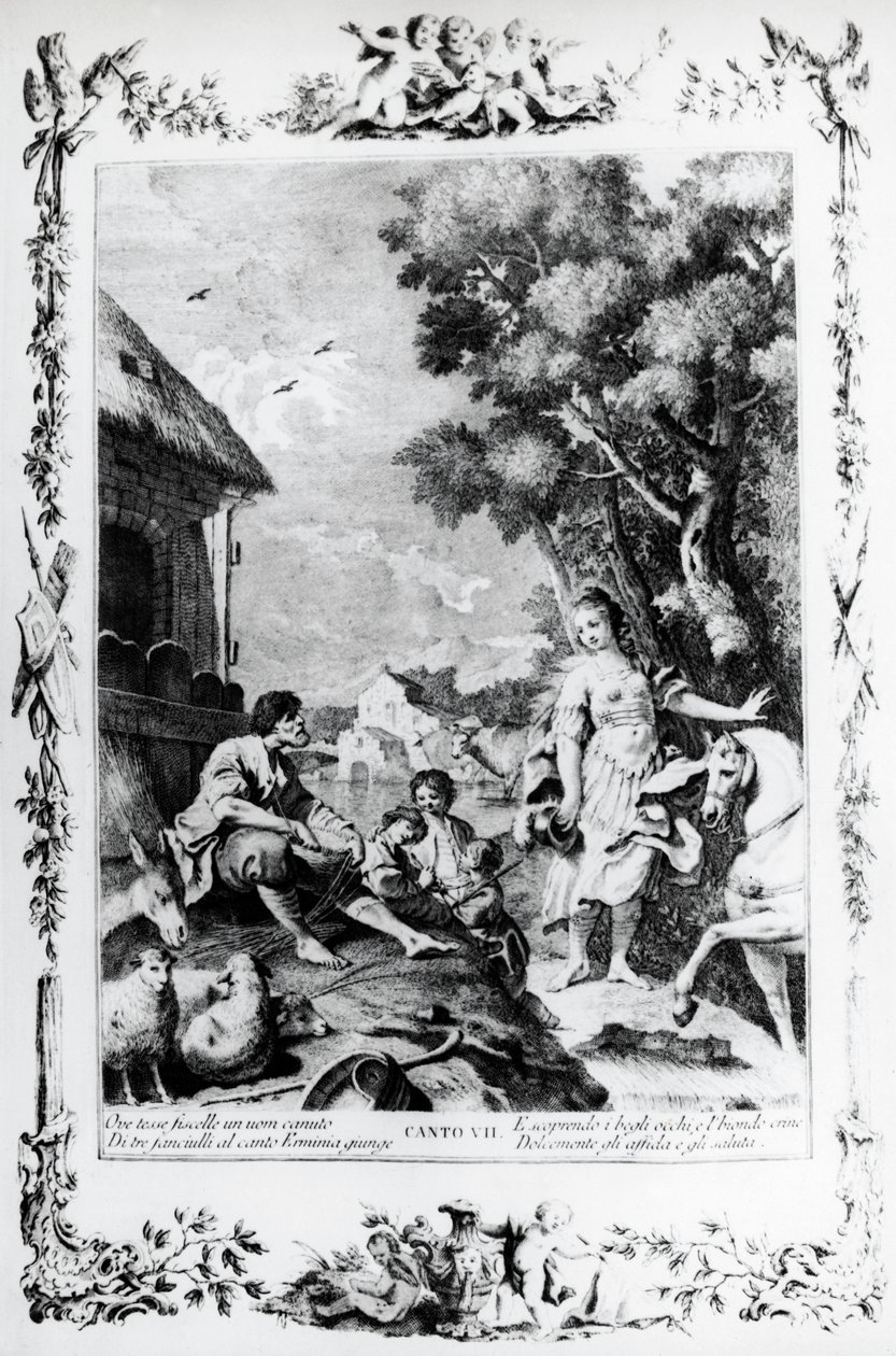 Erminia siendo recibida por un pastor, canto VII, Jerusalén liberada de Giovanni Battista Piazzetta