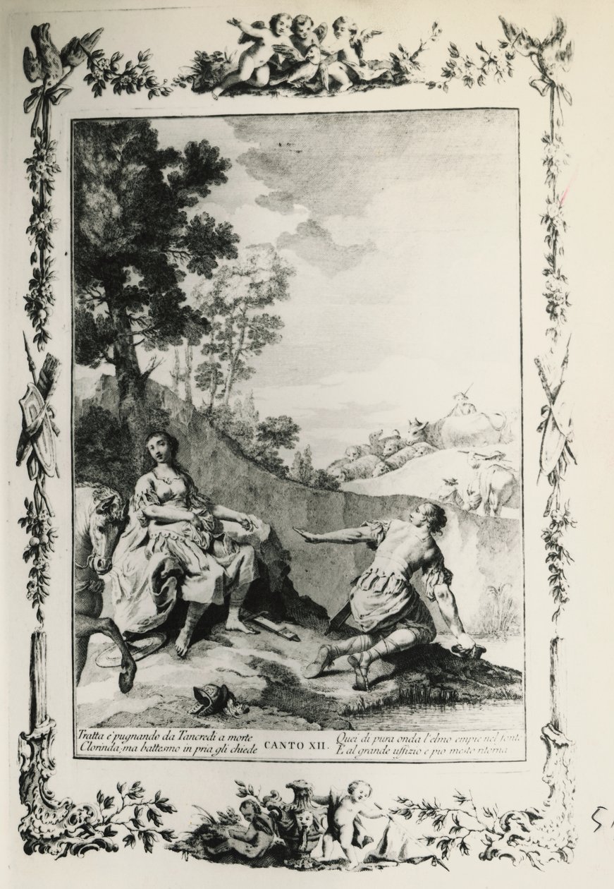 Jerusalén liberada, canto XII, ilustración de Giovanni Battista Piazzetta para poema de Torquato Tasso, edición publicada en Venecia en 1745, Italia de Giovanni Battista Piazzetta