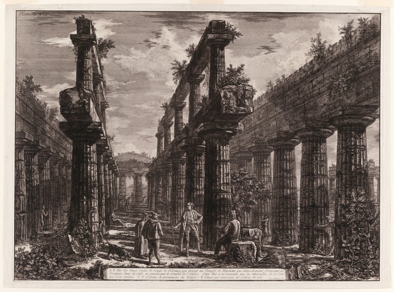 A., B. Vista de los restos de las dos filas de columnas en el Templo de Neptuno que originalmente formaban las columnatas a lo largo de los lados de la cella, y sostenían la parte superior del techo, de Diferentes vistas de Paestum de Giovanni Battista Piranesi
