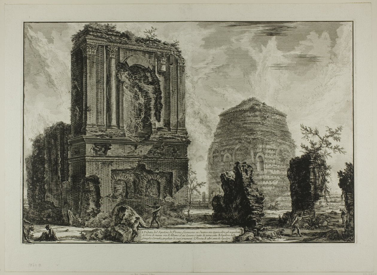 A. Vista de la Tumba de Licinianus Piso en la antigua Vía Apia... B. Tumba de los Cornelii..., de Vistas de Roma de Giovanni Battista Piranesi