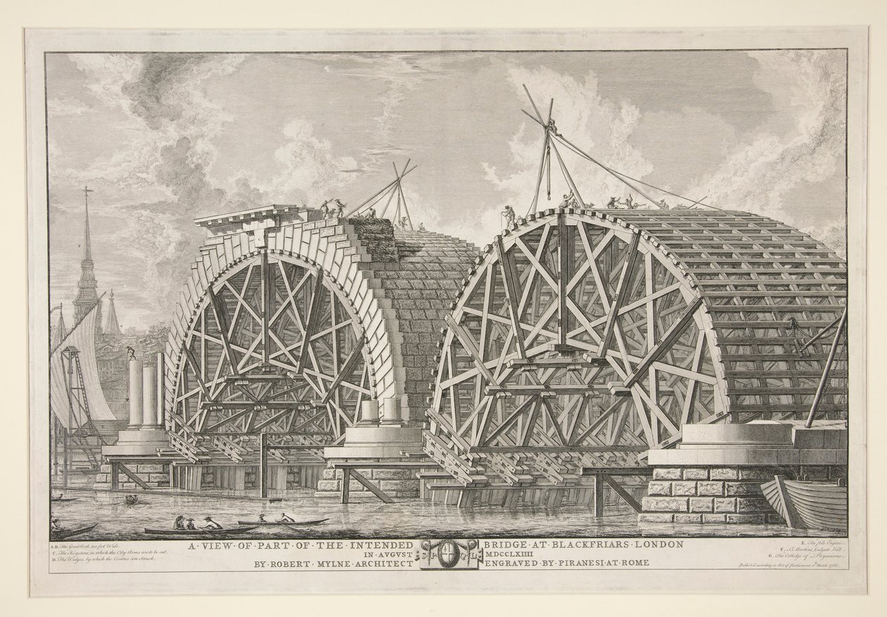 Una vista de parte del puente previsto en Blackfriars, Londres, en agosto MDCCLXIIII por Robert Mylne, arquitecto, grabado por Piranesi en Roma de Giovanni Battista Piranesi