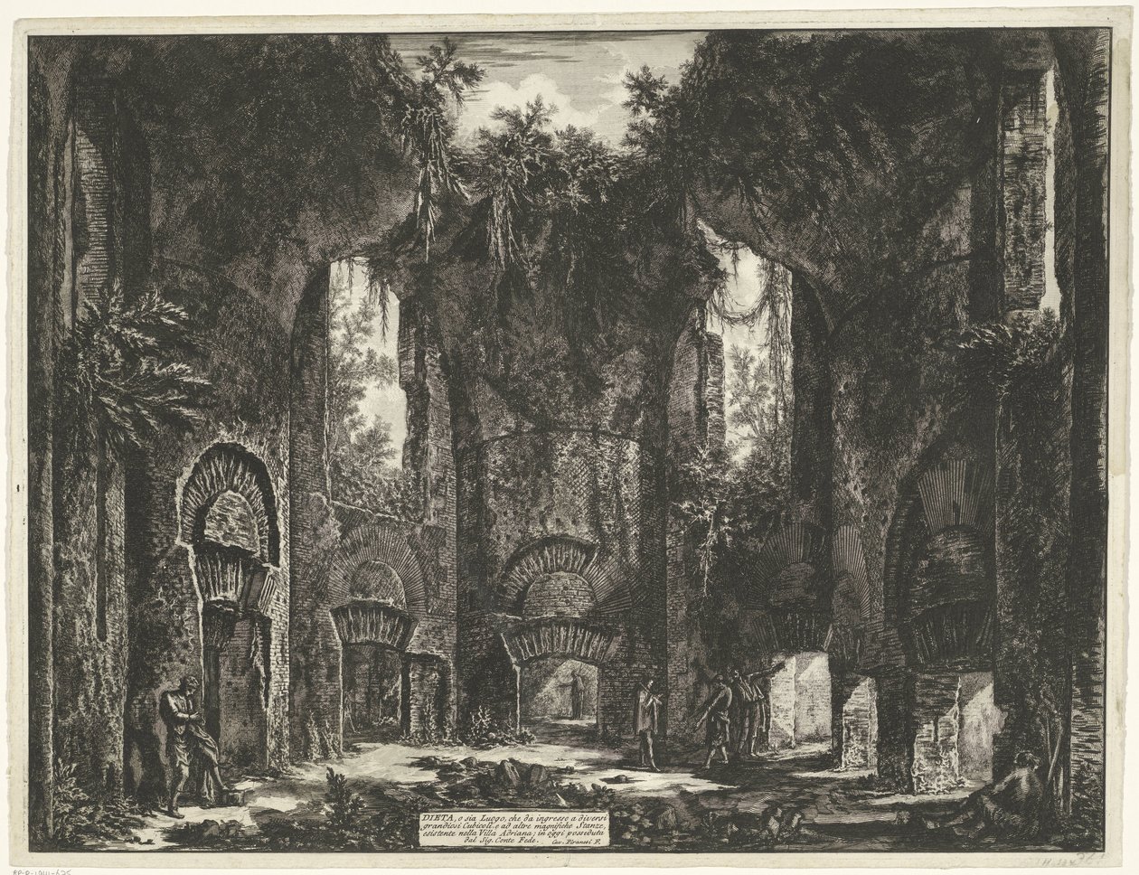 Academie en de Villa Adriana t y Tivoli Dieta, o ambas Lugar que da entrada a varios grandiosos Cubículos, y a otras magníficas Salas, existentes en Villa Adrián (...) (título sobre objeto) Gezichten op Rome (título de la serie) Vistas de Roma dibujadas y  de Giovanni Battista Piranesi