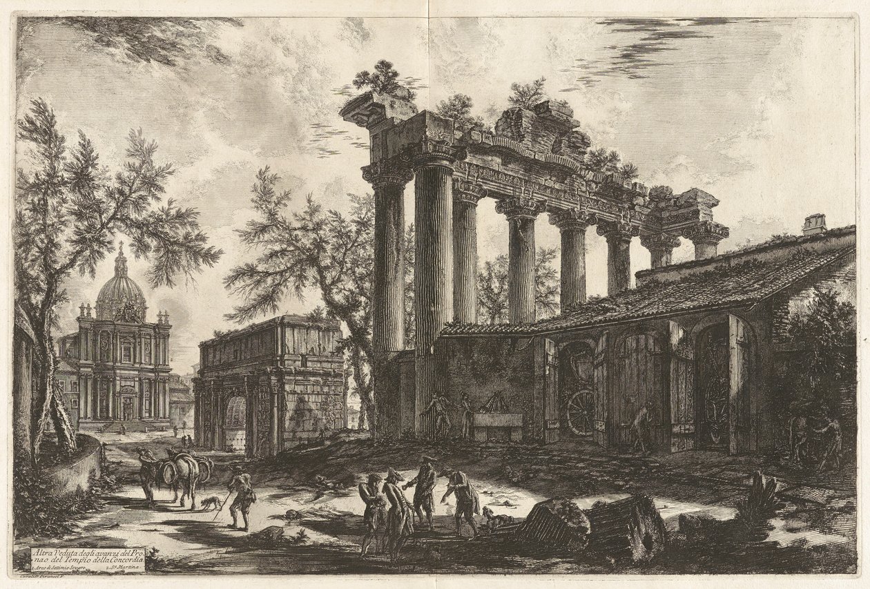 Altra Veduta degli avanzi del Pronao del Tempio del Concordia (Otra vista de los restos del Pronaos del Templo de la Concordia [el Templo de Saturno con el Arco de Septimio Severo al fondo a la izquierda]), de Vedute di Roma (Vistas de Roma) de Giovanni Battista Piranesi