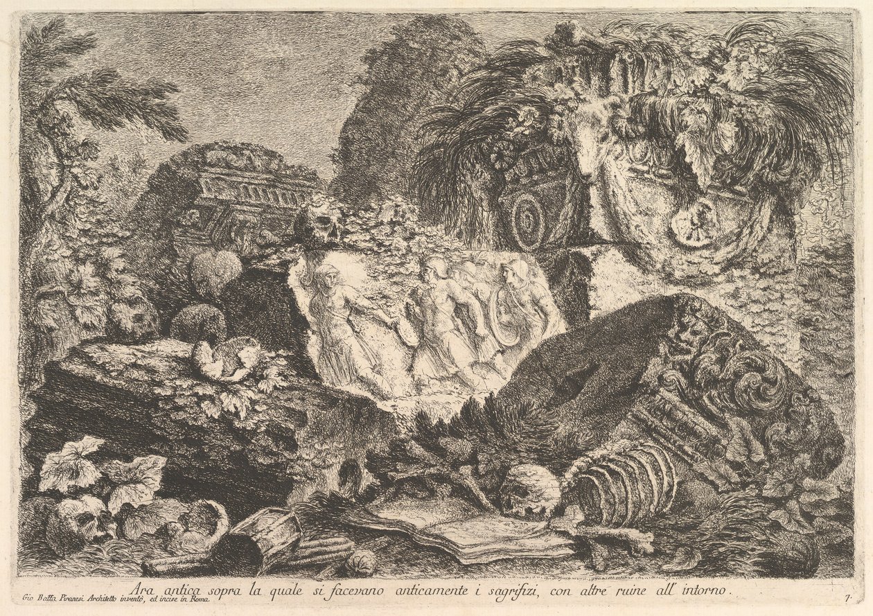 Altar antiguo en el que se realizaban sacrificios en la antigüedad, rodeado de otras ruinas..., ca. 1750 de Giovanni Battista Piranesi
