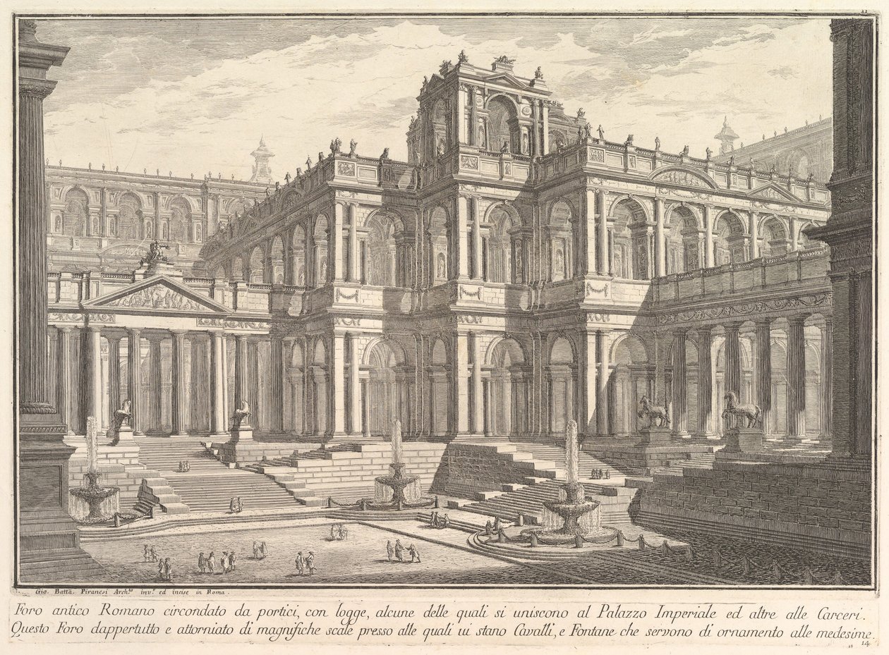 Foro romano antiguo rodeado de pórticos, con logias, algunas de las cuales comunican w... de Giovanni Battista Piranesi