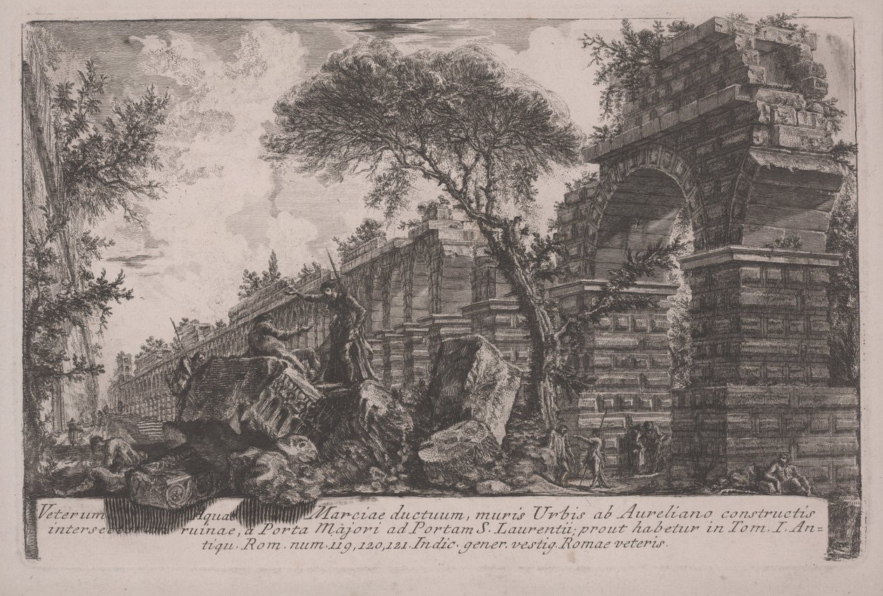 Antiguo acueducto de Acqua Marcia en las murallas de la ciudad erigidas por Aureliano de Giovanni-Battista Piranesi