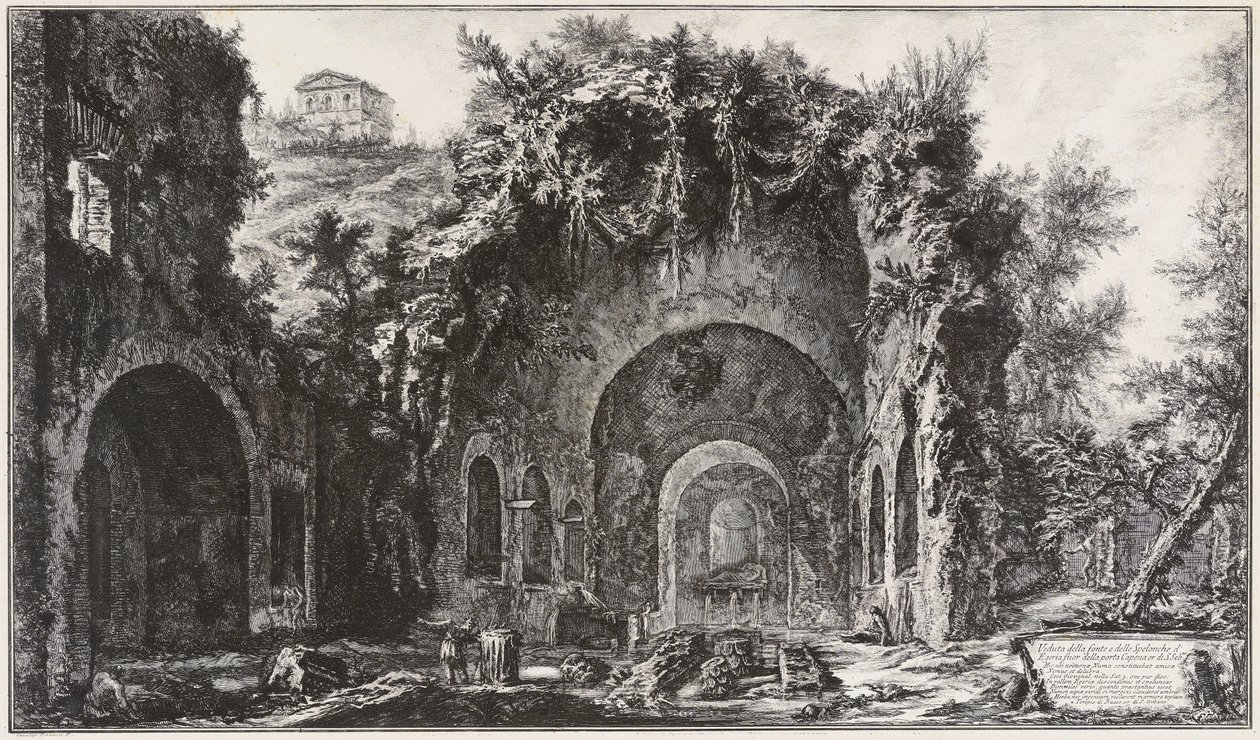 Vista de la fuente y las grutas de Egeria ante la Porta Capena, hoy Porta di San Sebastiano de Giovanni Battista Piranesi