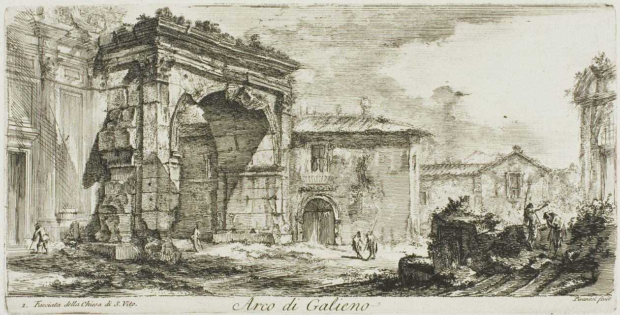 Arco de Galieno. I. Fachada de la iglesia de S. Vito, lámina 29 de Algunas vistas de arcos de triunfo y otros monumentos de Giovanni Battista Piranesi