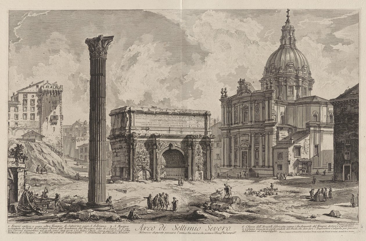 Arco de Septimio Severo. Por su centro pasaba la antigua Vía Sacra que llevaba a los vencedores al Capitolio (con la iglesia de Santos Martina y Lucas) de Giovanni Battista Piranesi