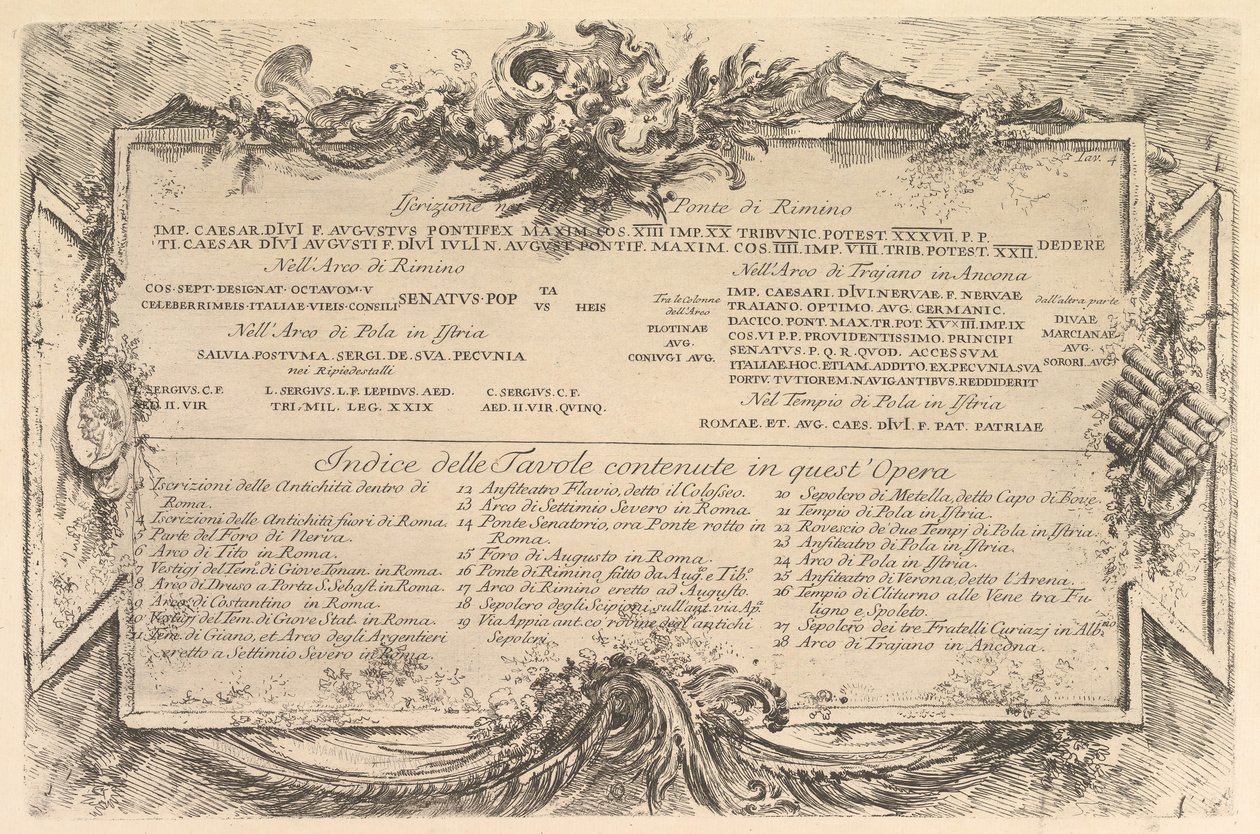 Inscripción en el lado del Puente de Rimino, ca. 1748 de Giovanni Battista Piranesi