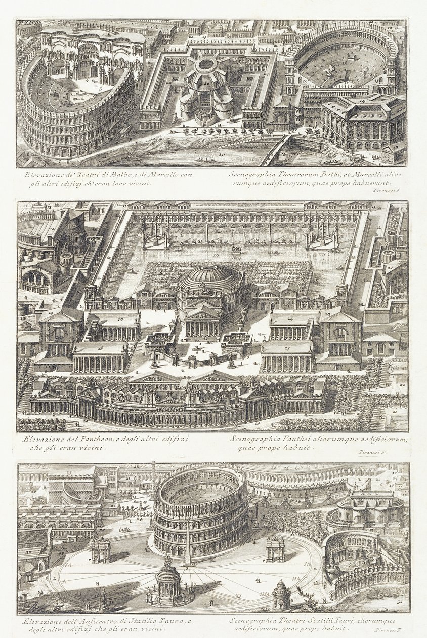 Vistas aéreas de: los teatros Balbo y Marcello, el Panteón y el área circundante, y el Anfiteatro Statilio Tauro de Giovanni Battista Piranesi