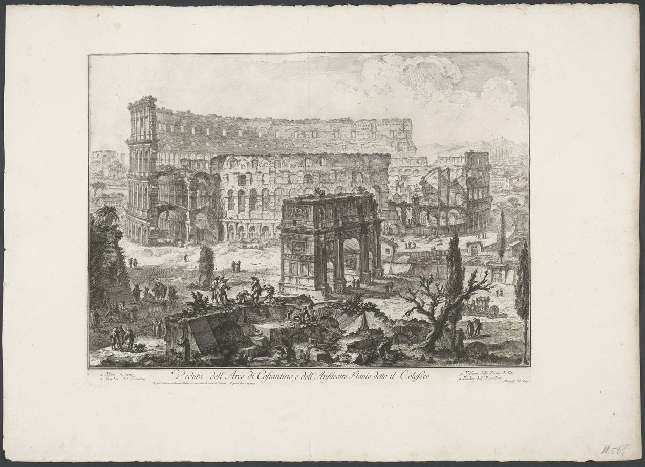 Boog van Constantijn en el Coliseo de Roma Vista del Arco de Constantino y del Anfiteatro Flavio conocido como Coliseo (título sobre el objeto) Gezichten op Rome (título de la serie) Vistas de Roma diseñadas y grabadas por el arquitecto Giambattista Pirane de Giovanni Battista Piranesi