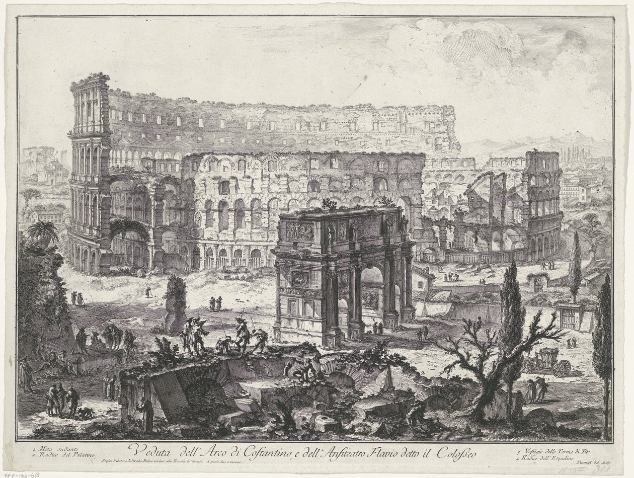 Boog van Constantijn en el Coliseo de Roma Vista del Arco de Constantino y del Anfiteatro Flavio conocido como Coliseo (título sobre el objeto) Gezichten op Rome (título de la serie) Vistas de Roma diseñadas y grabadas por el arquitecto Giambattista Pirane de Giovanni Battista Piranesi