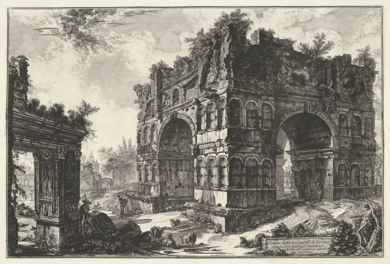 Boog van Janus y Boog van de geldwisselaars te Rome Templo llamado volgarm.te di Giano (título sobre el objeto) Gezichten op Rome (título de la serie) Vistas de Roma diseñadas y grabadas por el arquitecto Giambattista Piranesi Ve (nez) iano (título de la s de Giovanni Battista Piranesi